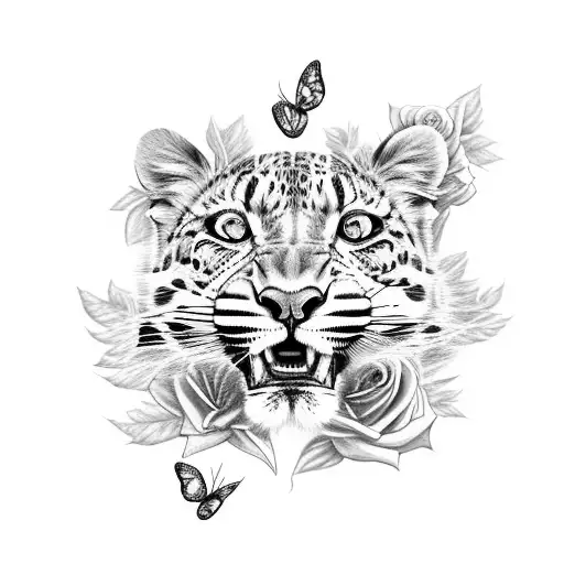 Roaring Leopard With Rose And Butterflies
