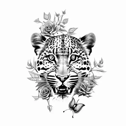 Roaring Leopard With Rose And Butterflies