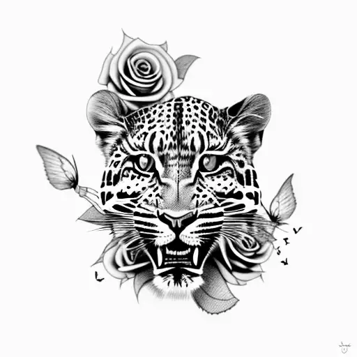 Roaring Leopard With Rose And Butterflies