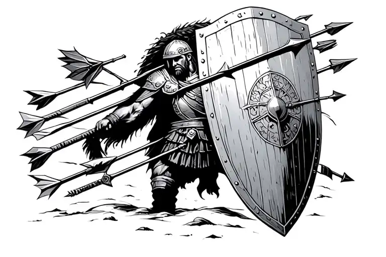 Trojan Soldier Taking Cover Behind His Shield With Arrows Coming From The Sky