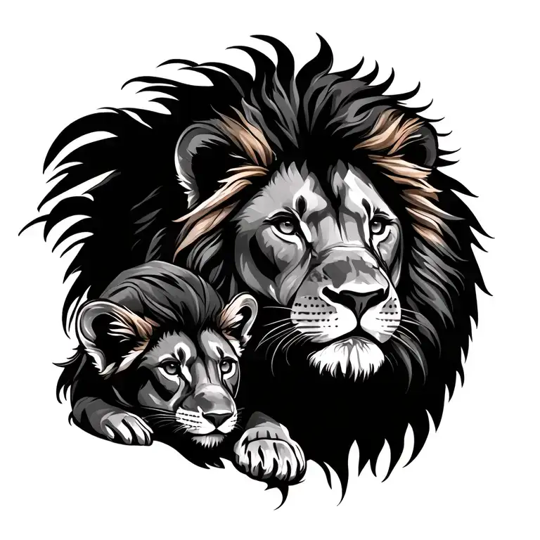 Lion Protecting Cubs