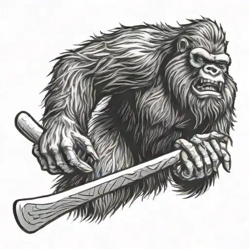 A Detailed Black And Grey Portrait Of A Bigfoot Holding A Hockey Stick