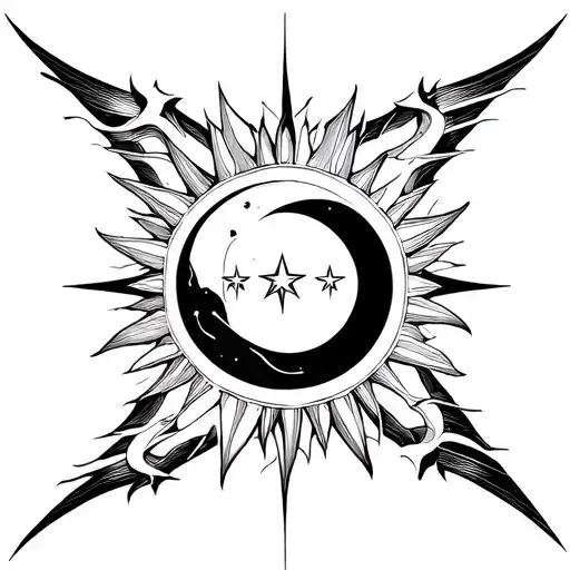 Cyber Siglism Sun Moon And 3 Stars In A Line Vertical Simplistic No Fill In Just Lines