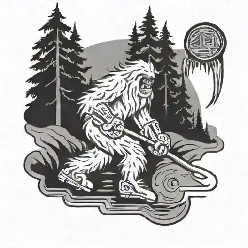A Mysterious Yeti Scoring A Goal With A Hockey Puck In A Dark Forest Setting