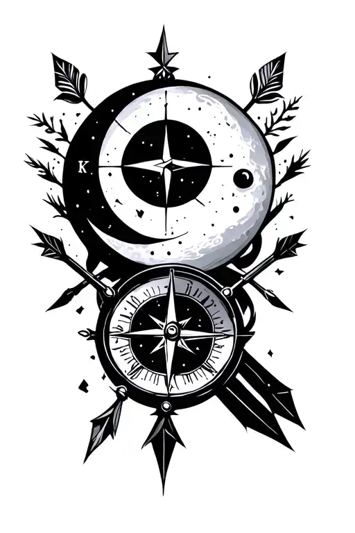 Moon And Compass And Small Decorative Arrows