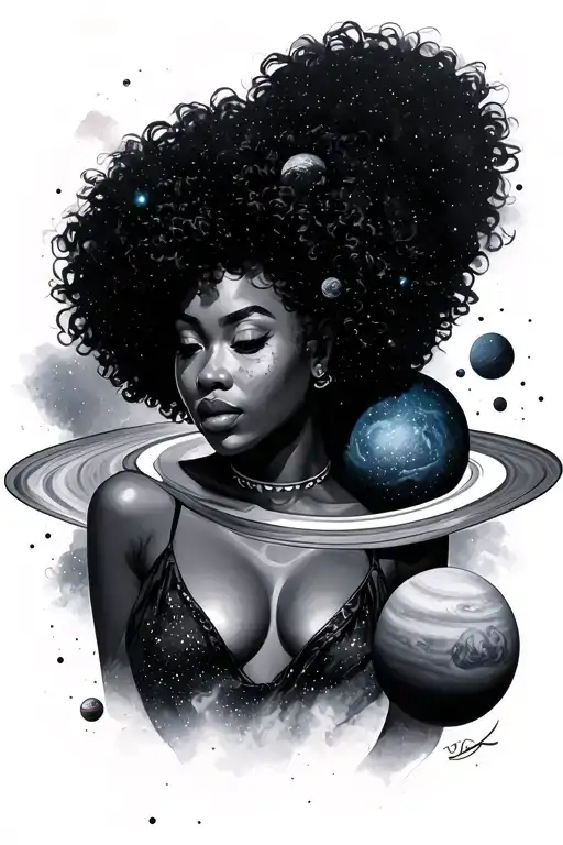 Galaxy And Planets Afro Woman Posing