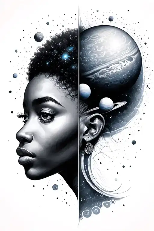 Galaxy And Planets Afro Split Face Woman Face