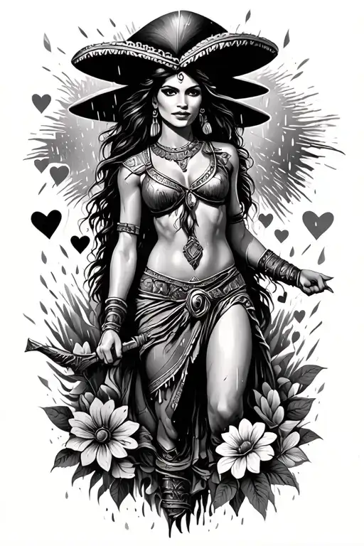 Mexican Woman Warrior In Battle In A Rain Storm With Ligh Chasing Love With Hearts And Flowers