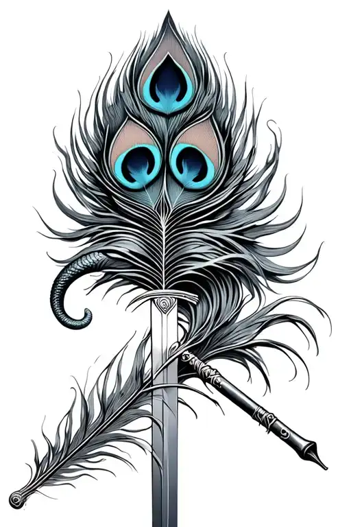 Serpent Around Sword Peacock Feather And Flute