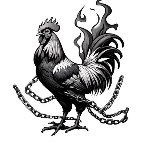 Rooster On Fire Flames With A Chain Wrapped