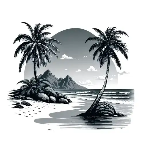 Palm Trees Sandy Beach And Mountains