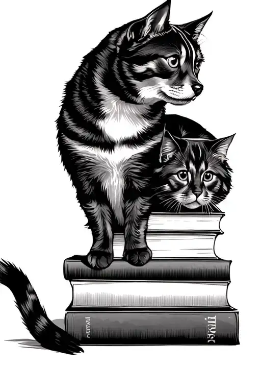 Cat On Stack Of Books With Dog Looking At Cat