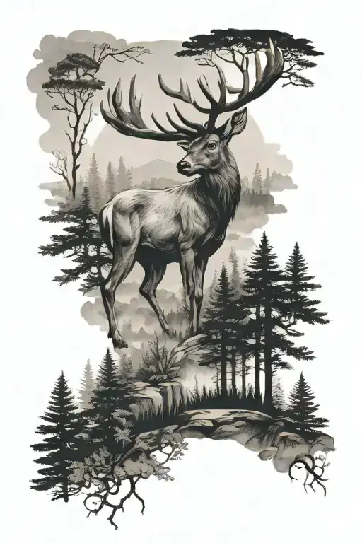 Deer In The Forest With Background Landscape