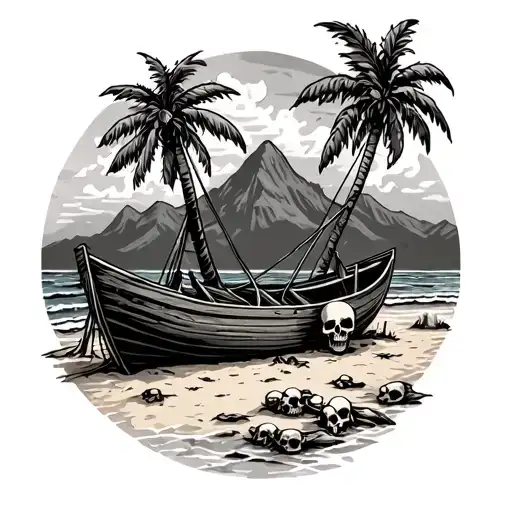 Palm Trees Sandy Beach And Mountains With Skulls And Dead People With A Old Wooden Boat