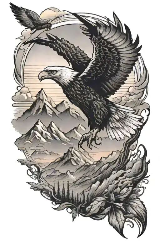 A Giant Eagle And 2 Huge Mountains And Sunset