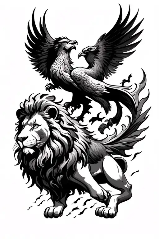 Lion And Phoenix Rising From The Ashes