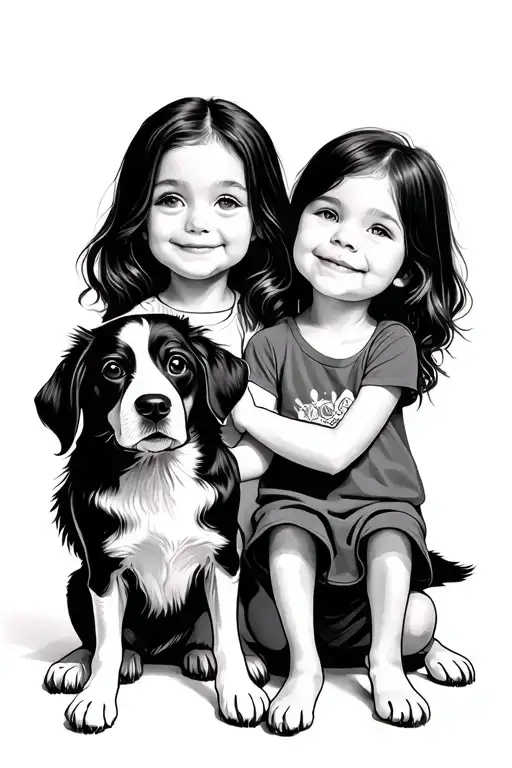 Girl Children And Dog Sitting