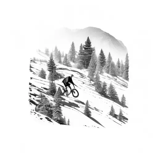 A Black-grey Tattoo Of A Mountain Biker Riding Up A Steep Rocky Trail With Trees In The Background