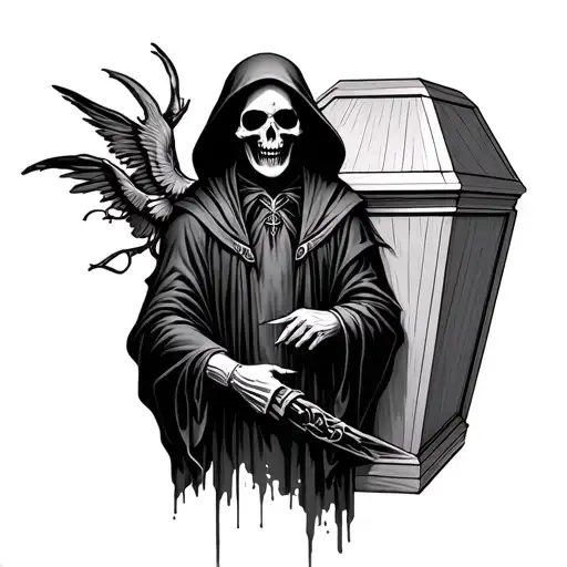 Realistic Grim Reaper With Coffin Behind