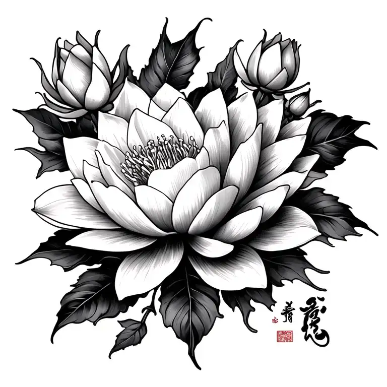 Delicate Asian Water Lily Rose Buds Script Strength Spine