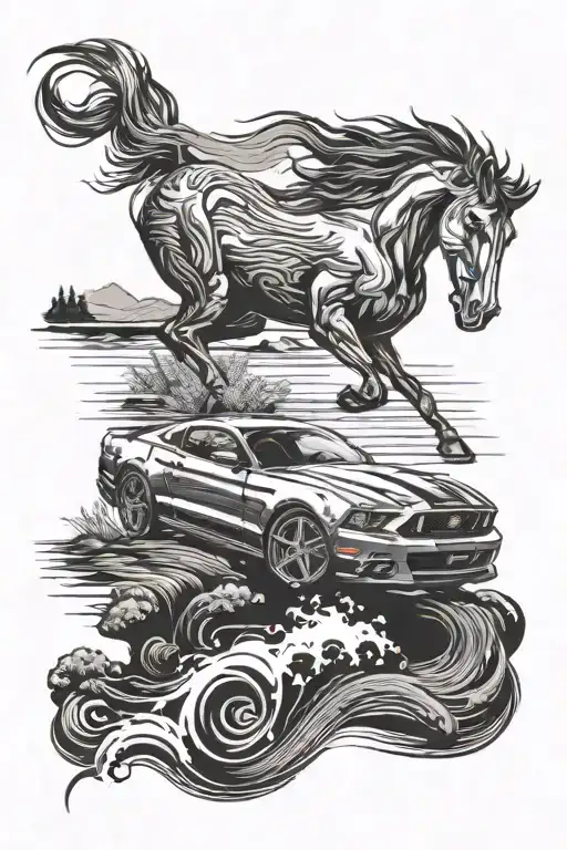 A Ford Mustang Speeding On A Long Road With A Sunrise And The Lake