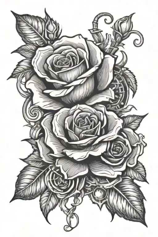 Blackwork Design Of A Rose Intertwined With Car Engine Parts