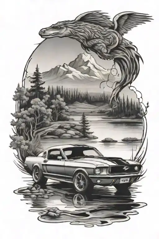 Tattoo Of A Serene Lake With A Ford Mustang Parked Nearby