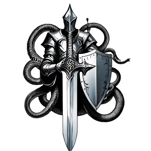 Knight With Sword And Shield Surrounded By Snakes