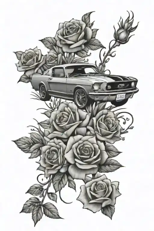 Tattoo Of A Ford Mustang Driving Through A Field Of Roses