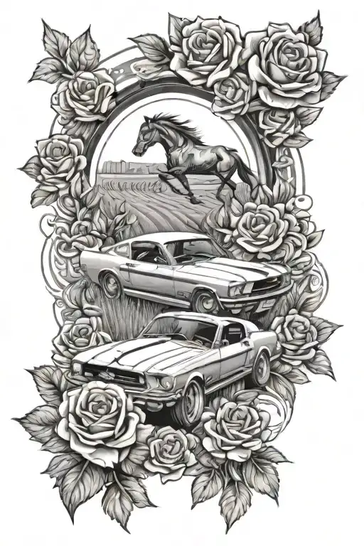 Tattoo Of A Ford Mustang Driving Through A Field Of Roses