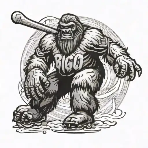 A Black-grey Tattoo Of Bigfoot Wearing A Hockey Jersey And Holding A Hockey Stick