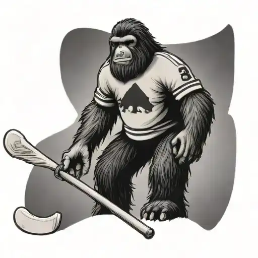 A Black-grey Tattoo Of Bigfoot Wearing A Hockey Jersey And Holding A Hockey Stick