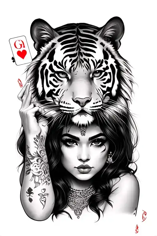Chicano Girl With Cards And Tiger Face