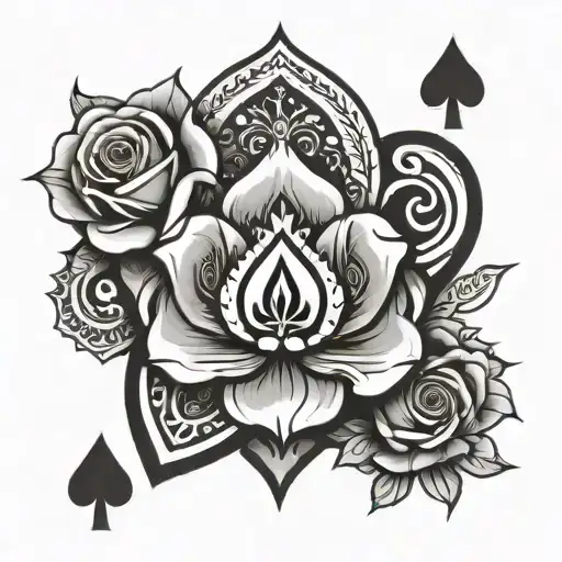 Queen Of Spades Symbol Incorporated As The Center Of A Rose