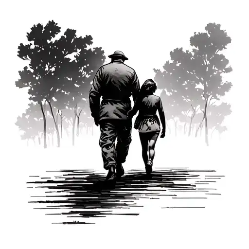 Mourning Of A Military Father And His Daughter From Behind Walking