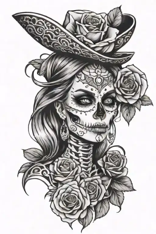 Mexican Arm Tattoo Stylish Looking Skeleton Women's Head With Full Of Rose