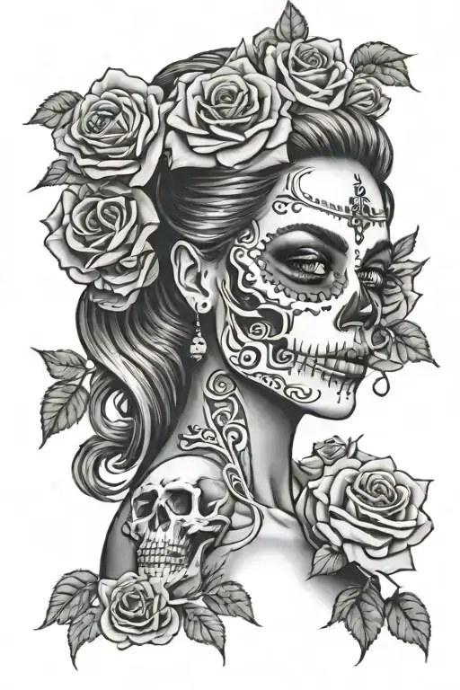 Mexican Arm Tattoo Stylish Looking Skeleton Women's Head Surround Full Of Rose