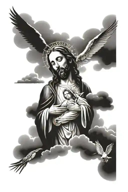 Jesus Face And Virgin Mary's Face And Angels In The Clouds