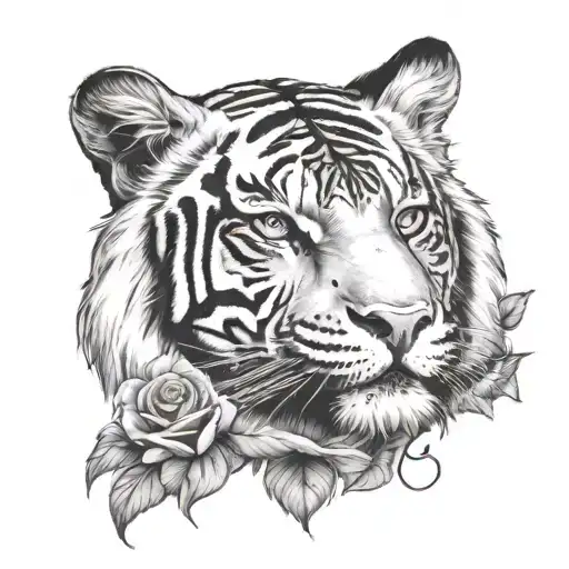 Black And White Tiger Surround By Black And White Rose