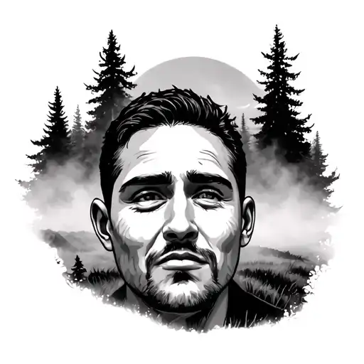 Happy And Sad Male Face Surrounded By Fog And Nature Scene