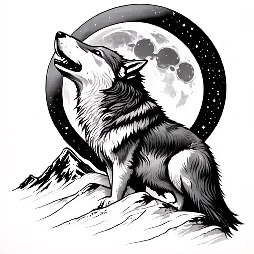 Wolf Howling At Moon On Mountain With Gemini Constellation In Background