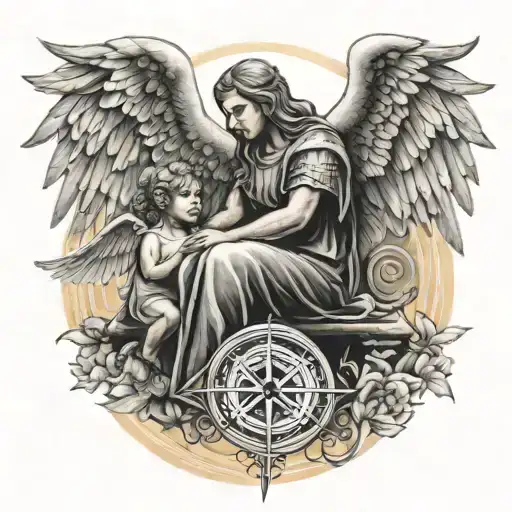 A Protective Angel Watching Over A Family With The Symbol Of Sagittarius Incorporated