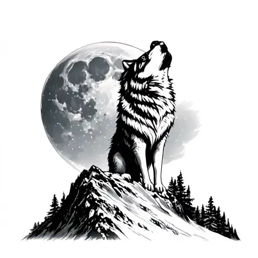 Wolf Howling At Moon On Mountain