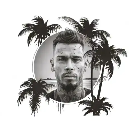 A Black And Grey Realistic Portrait Of Jaxon Surrounded By Palm Trees On A Tropical Beach