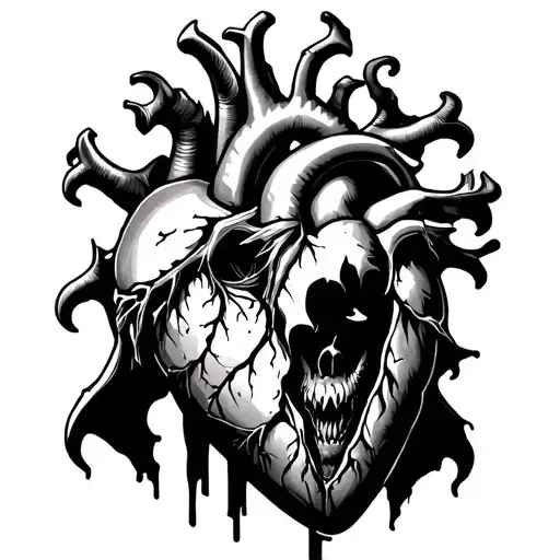 Anatomical Heart Torn In Half With Demon Head Looking From Inside