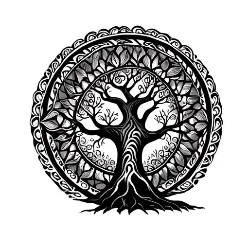 Baobab Tree Silhouette Filled And Surrounded By Maori Geometric Shapes