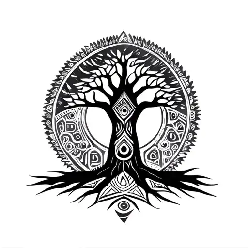 Baobab Tree Silhouette Filled With Geometric Tribal Shapes And Surrounded By Maori Style Drawings