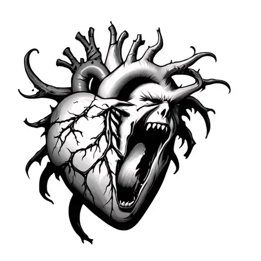 Anatomical Heart Torn In Half With Demon Head Screaming From Inside
