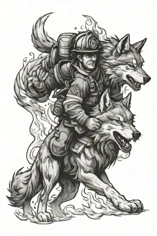 Create A Tattoo Of An Anime-style Firefighter Battling Flames With A Wolf Companion