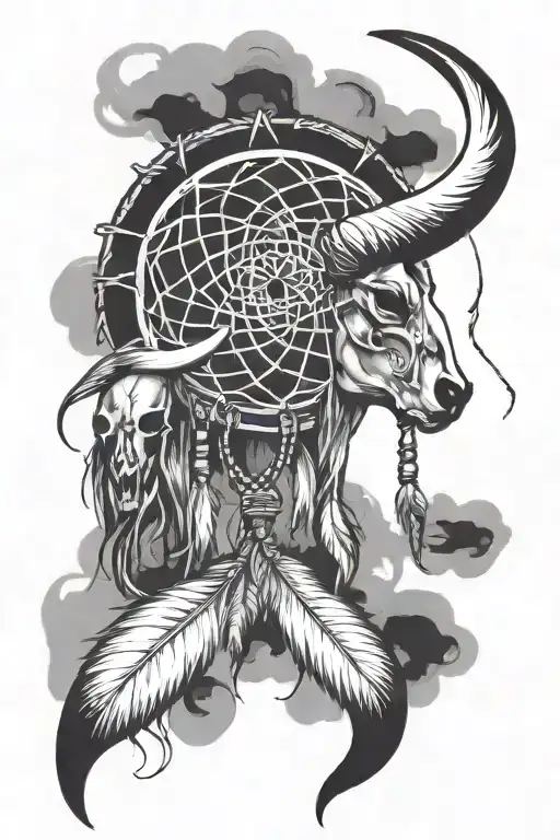 A Dream Catcher On One Side And A Long Horn Bull Skull On The Other Side
